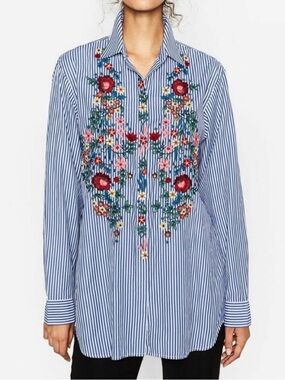 Zara Striped Button-Up with Floral Embroidery